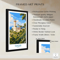 Tangier Morocco Lighthouse Gardens Wall Art — the Cap Spartel lighthouse above palm gardens and the blue strait, shown as framed print details measurements quality details