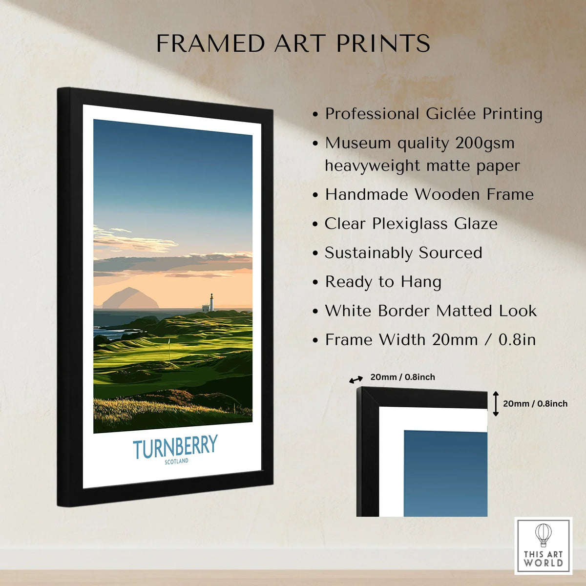 Turnberry Scotland Ayrshire Dusk Wall Art — Ailsa Craig and the white lighthouse across rolling coastal turf at dusk, shown as framed print details measurements quality details