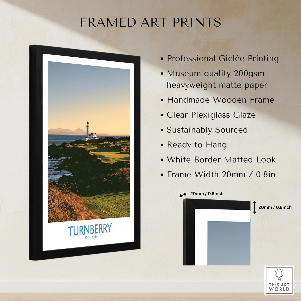 Turnberry Scotland Rocky Shore Wall Art — the Turnberry lighthouse above a rocky shore with the Arran hills beyond, shown as framed print details measurements quality details