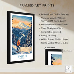Whistler Ski Print - British Columbia framed print specifications: handmade wooden frame, clear plexiglass glaze, 20mm frame width, ready to hang