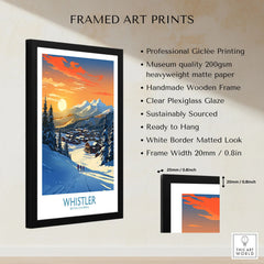 Whistler Wall Art Ski Poster framed print specifications: handmade wooden frame, clear plexiglass glaze, 20mm frame width, ready to hang