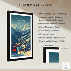 Megève Print France Ski Poster framed print specifications: handmade wooden frame, clear plexiglass glaze, 20mm frame width, ready to hang