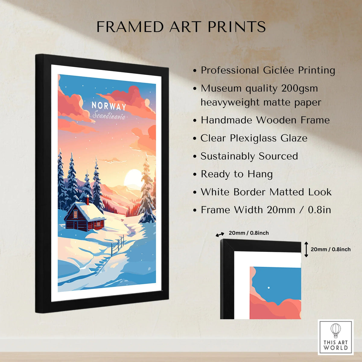 Norway Art Print framed print specifications: handmade wooden frame, clear plexiglass glaze, 20mm frame width, ready to hang