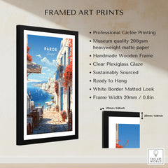 Paros Travel Poster framed print specifications: handmade wooden frame, clear plexiglass glaze, 20mm frame width, ready to hang