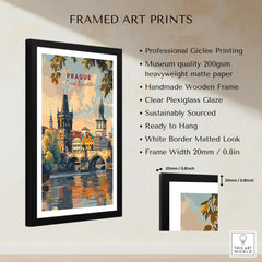 Prague Wall Art framed print specifications: handmade wooden frame, clear plexiglass glaze, 20mm frame width, ready to hang