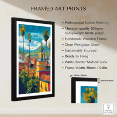 Quito Ecuador Travel Poster Cityscape Print Churches Palm Trees Andes Wall Art Decor framed print specifications: handmade wooden frame, clear plexiglass glaze, 20mm frame width, ready to hang