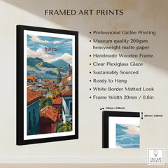 Quito Ecuador Travel Print Rooftop View Poster Cityscape Andes Hills Wall Art Decor framed print specifications: handmade wooden frame, clear plexiglass glaze, 20mm frame width, ready to hang