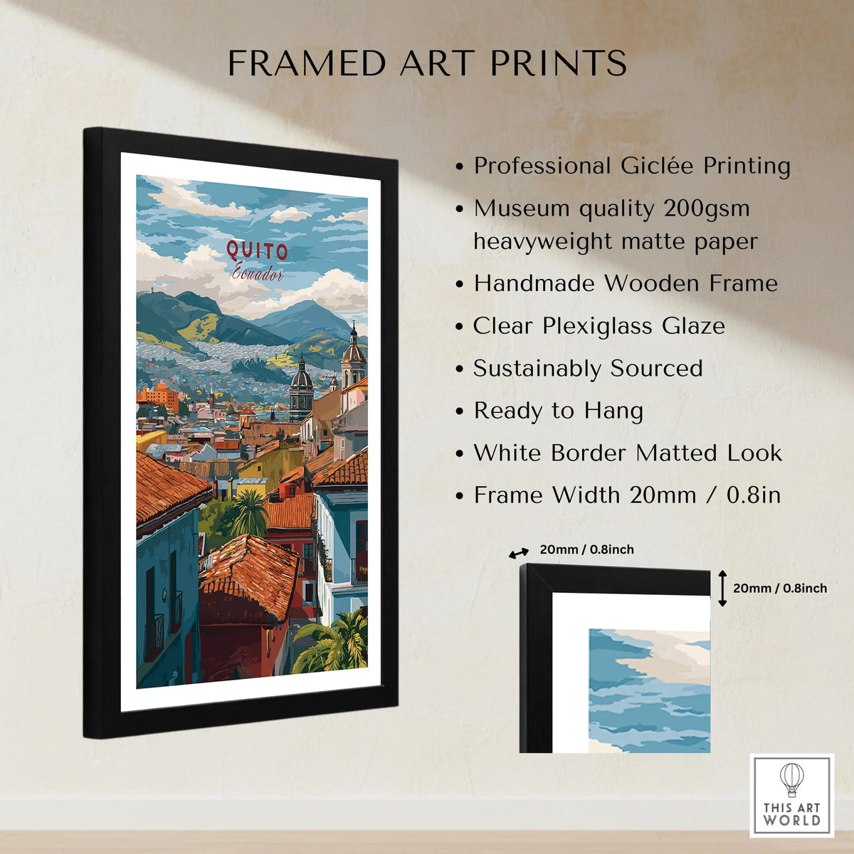 Quito Ecuador Travel Print Rooftop View Poster Cityscape Andes Hills Wall Art Decor framed print specifications: handmade wooden frame, clear plexiglass glaze, 20mm frame width, ready to hang