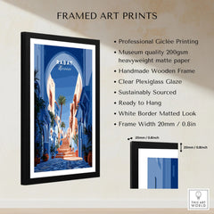 Rabat Morocco Blue Medina Travel Poster — a blue-washed medina lane and stone steps seen through a horseshoe arch, shown as framed print details measurements quality details