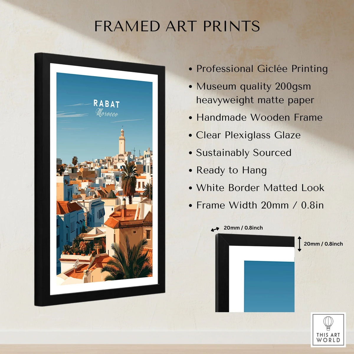 Rabat Morocco Medina Rooftops Travel Poster — medina rooftops and a pale minaret in late afternoon sun, shown as framed print details measurements quality details