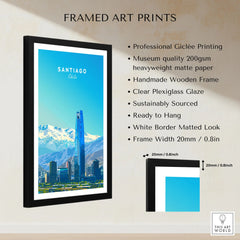 Santiago Travel Poster - Chile framed print specifications: handmade wooden frame, clear plexiglass glaze, 20mm frame width, ready to hang