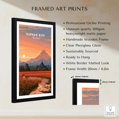 Suphan Buri Thailand Lotus Lake Travel Poster — a lotus-covered lake and temple spire at sunset beneath a mountain peak, shown as framed print details measurements quality details