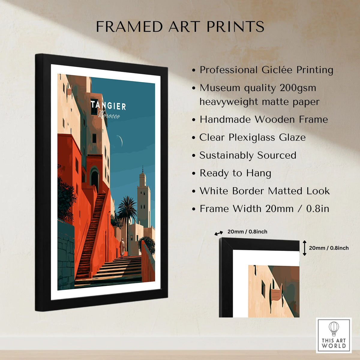 Tangier Morocco Kasbah Steps Travel Poster — coral kasbah steps climbing towards a minaret under a crescent moon, shown as framed print details measurements quality details
