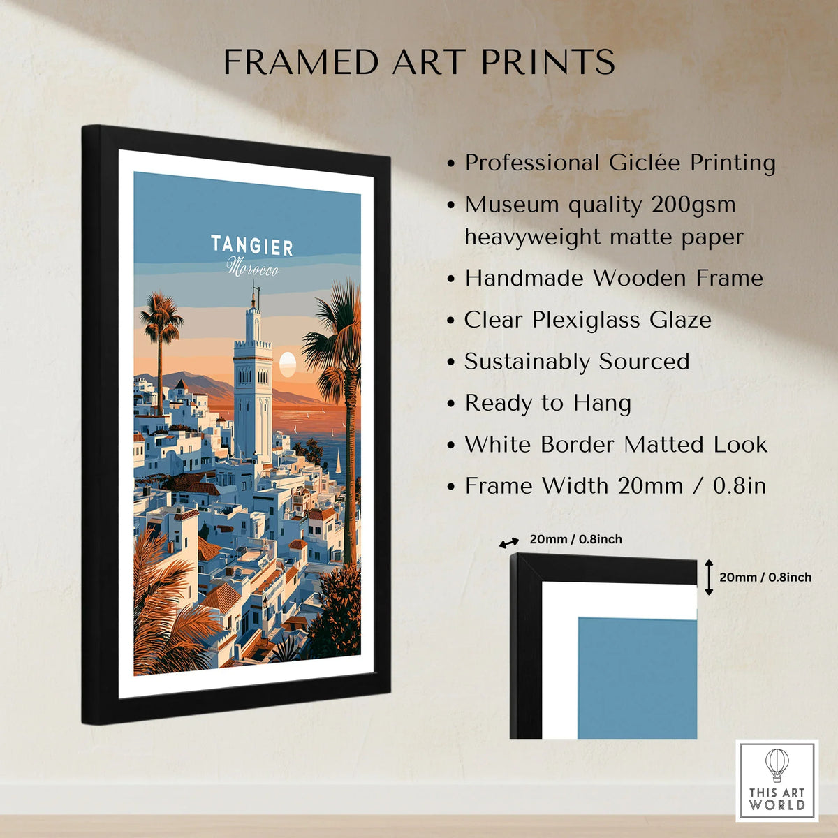 Tangier Morocco Sunset Medina Travel Poster — Tangier medina rooftops and a minaret above a bay dotted with sails, shown as framed print details measurements quality details