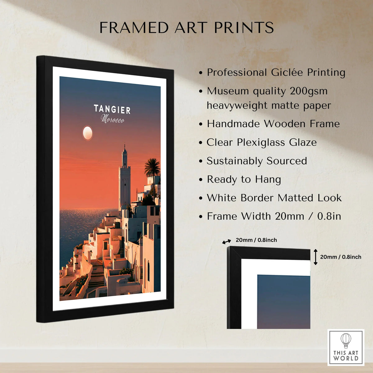 Tangier Morocco Golden Hour Travel Poster — a whitewashed hillside town and minaret glowing above the sea at sunset, shown as framed print details measurements quality details