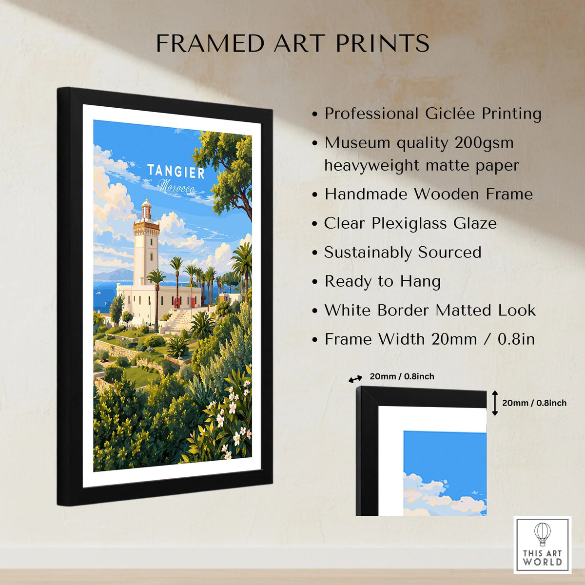 Tangier Morocco Cap Spartel Lighthouse Travel Poster — the Cap Spartel lighthouse above palm gardens and the blue strait, shown as framed print details measurements quality details
