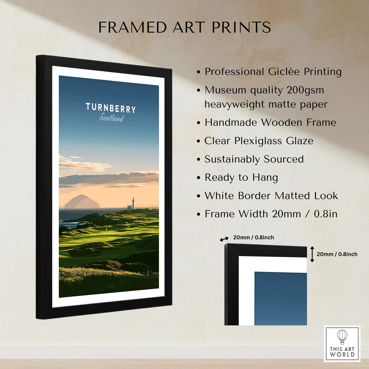 Turnberry Scotland Ailsa Craig Travel Poster — Ailsa Craig and the white lighthouse across rolling coastal turf at dusk, shown as framed print details measurements quality details