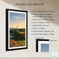 Turnberry Scotland Lighthouse Travel Poster — the Turnberry lighthouse above a rocky shore with the Arran hills beyond, shown as framed print details measurements quality details