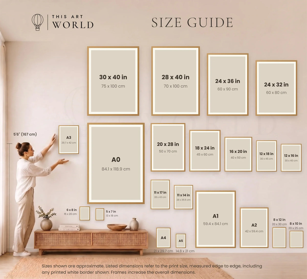 Porto Dom Luís I Bridge and rabelo boats watercolour art print, size guide with print sizes in cm and inches