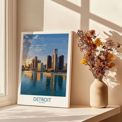Detroit Michigan City Skyline Art Print | Renaissance Center Poster displayed on a table next to flowers.