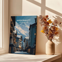 Andermatt Travel Poster – Swiss Alps Winter Village and Chalet Print featuring snow-capped mountains and charming chalets.
