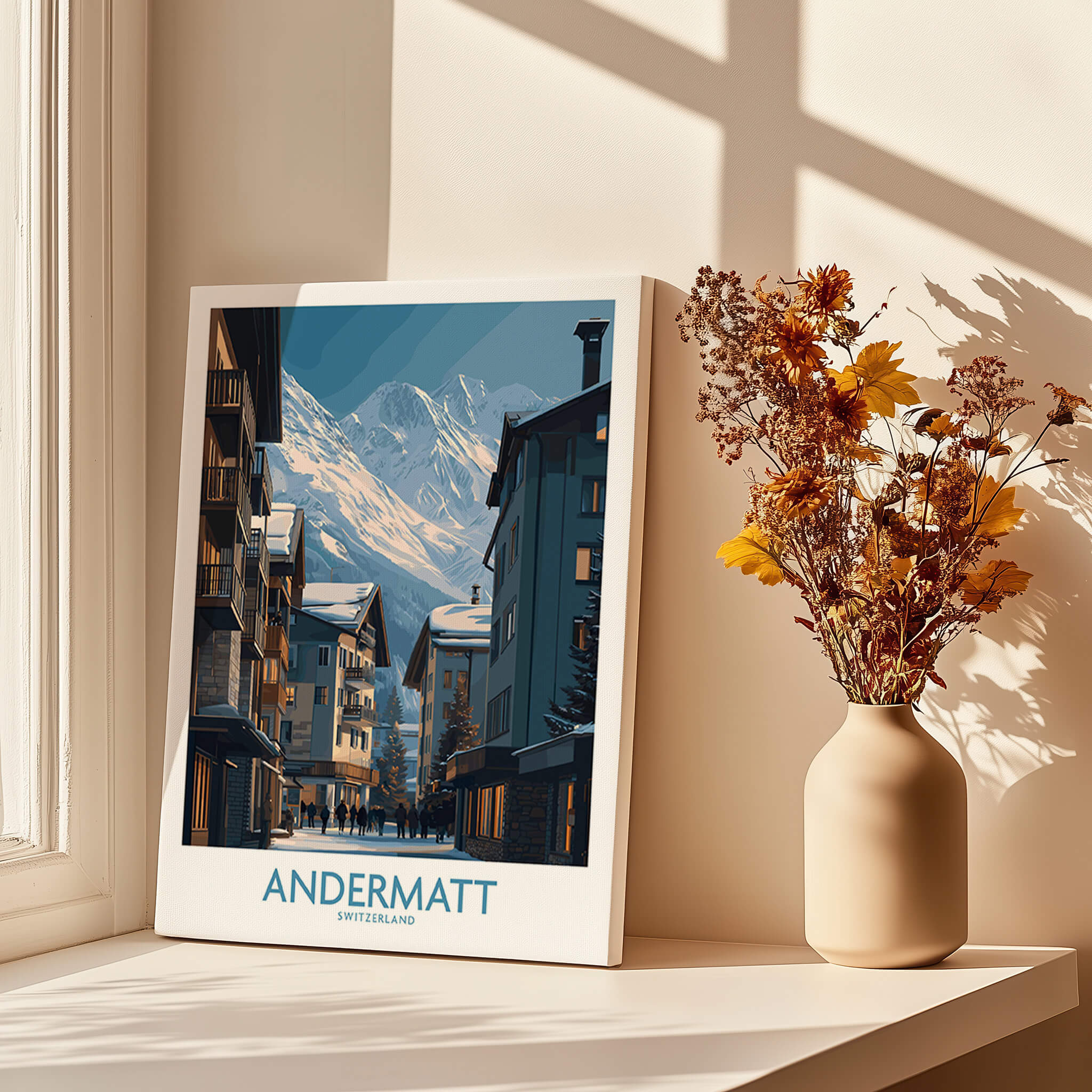 Andermatt Switzerland Wall Art Print featuring scenic mountain village and traditional architecture.