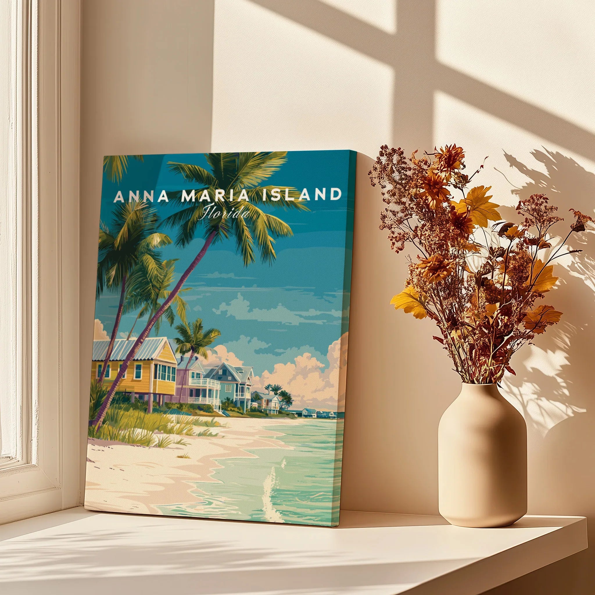 Anna Maria Island Florida travel poster canvas on windowsill with vase of dried flowers