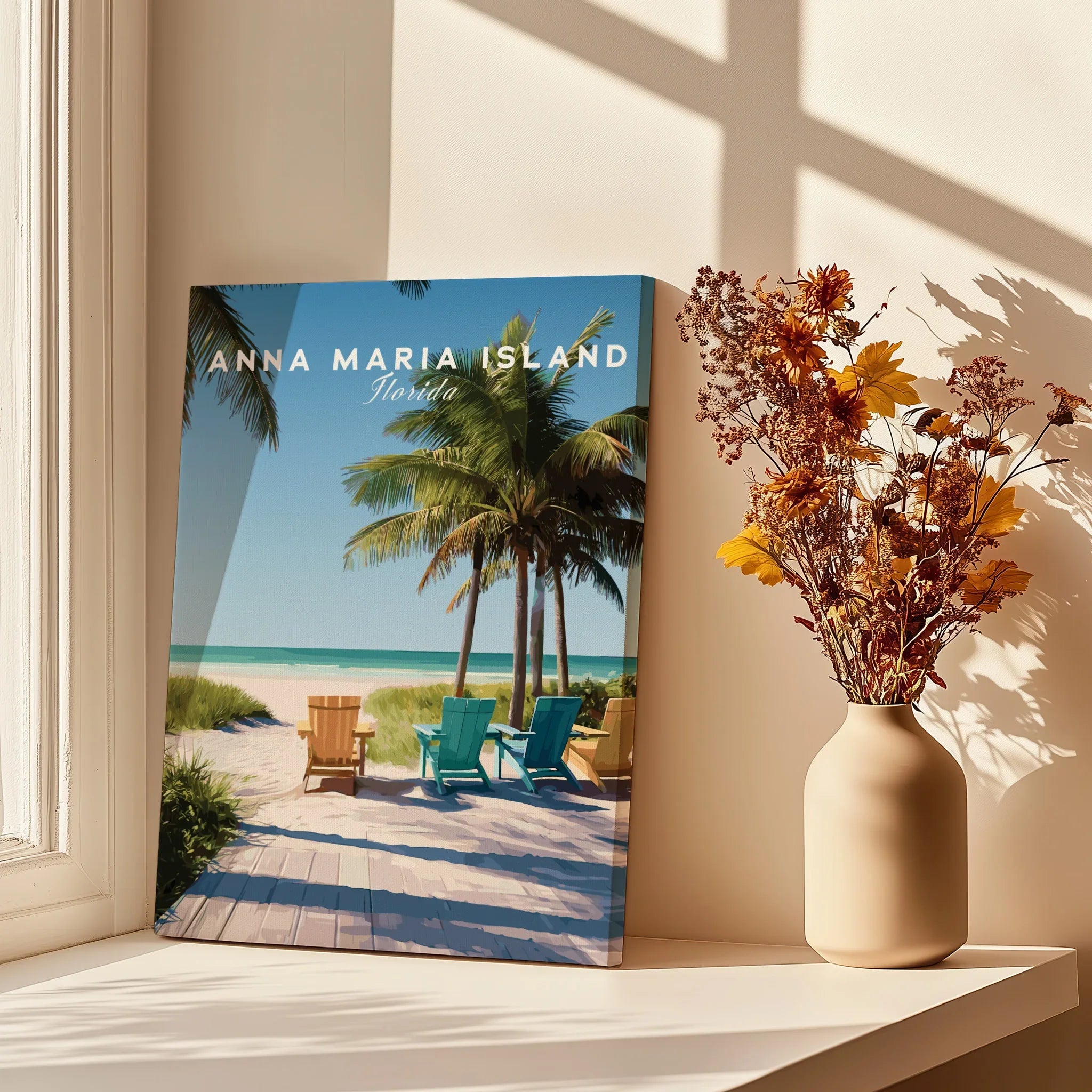 Anna Maria Island Florida canvas print with palm trees and beach chairs by a sunny window