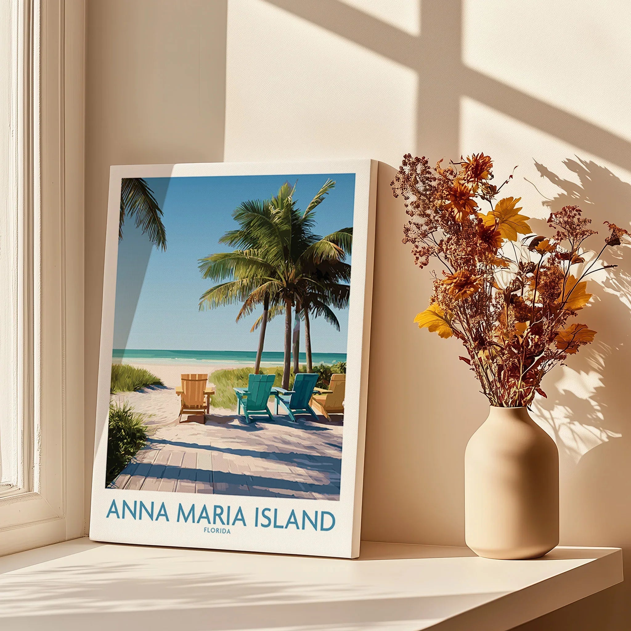 Anna Maria Island Florida beach poster on canvas with palm trees, sunlight, and vase of dried flowers