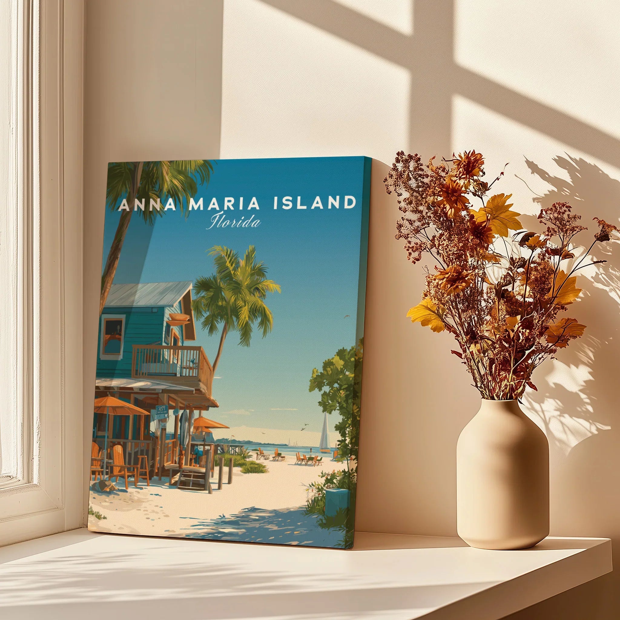 Anna Maria Island Florida canvas print with beach scene, sunlight, and vase of dried flowers