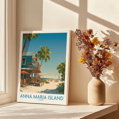 Anna Maria Island travel poster canvas print by a sunlit window with vase of dried flowers