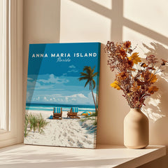 Anna Maria Island Florida beach print with palm trees, on a windowsill beside a vase of dried flowers