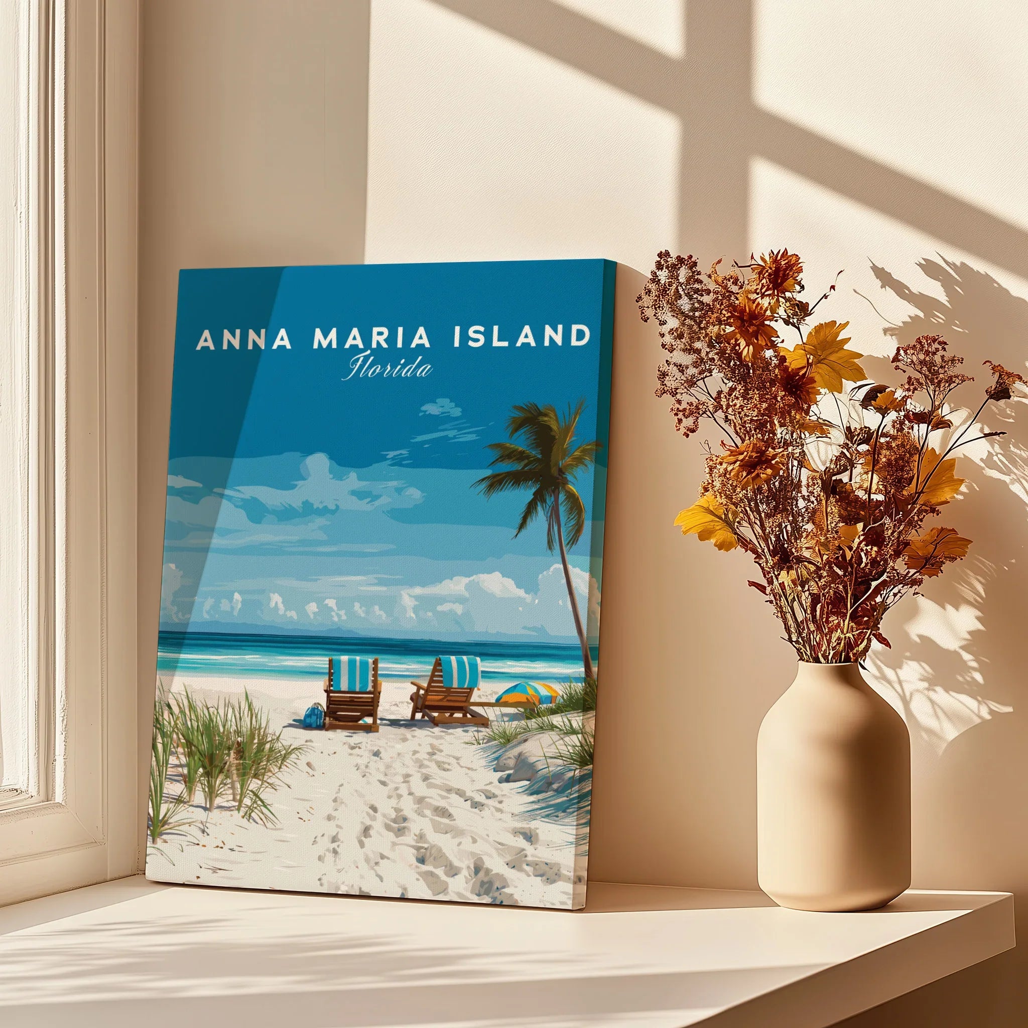 Anna Maria Island Florida beach print with palm trees, on a windowsill beside a vase of dried flowers