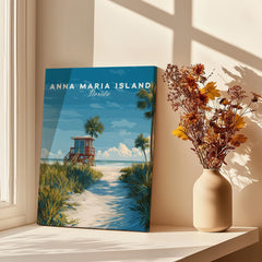 Anna Maria Island Florida travel poster print by window with shadows and vase of dried flowers