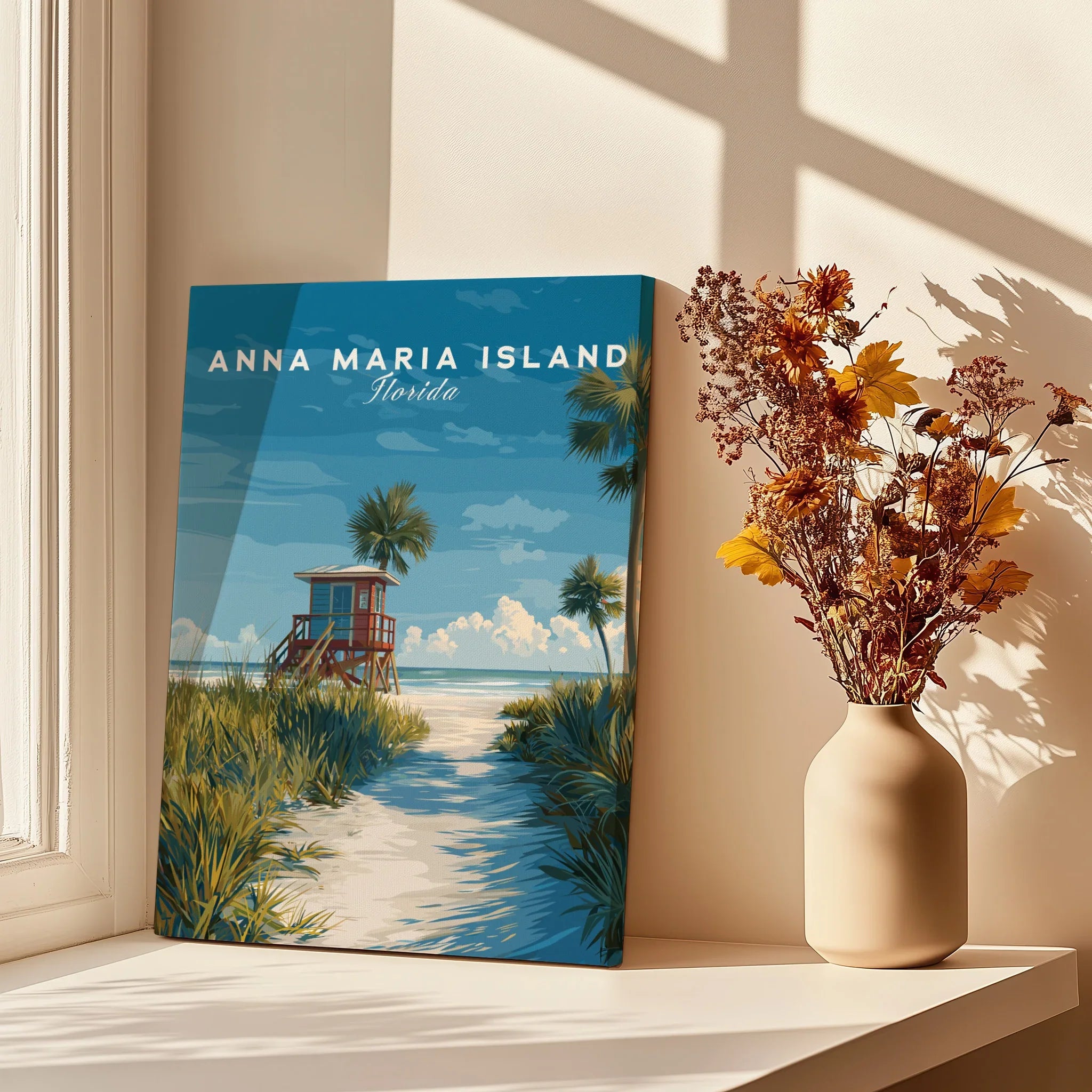 Anna Maria Island Florida travel poster print by window with shadows and vase of dried flowers