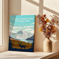 Aoraki Mount Cook National Park canvas art print by window with vase of dried flowers