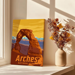 Arches National Park canvas print with Delicate Arch, vase of dried flowers, sunlit window.