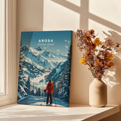 Arosa Travel Poster - Switzerland showcasing stunning mountain scenery and a skier in a cozy room.