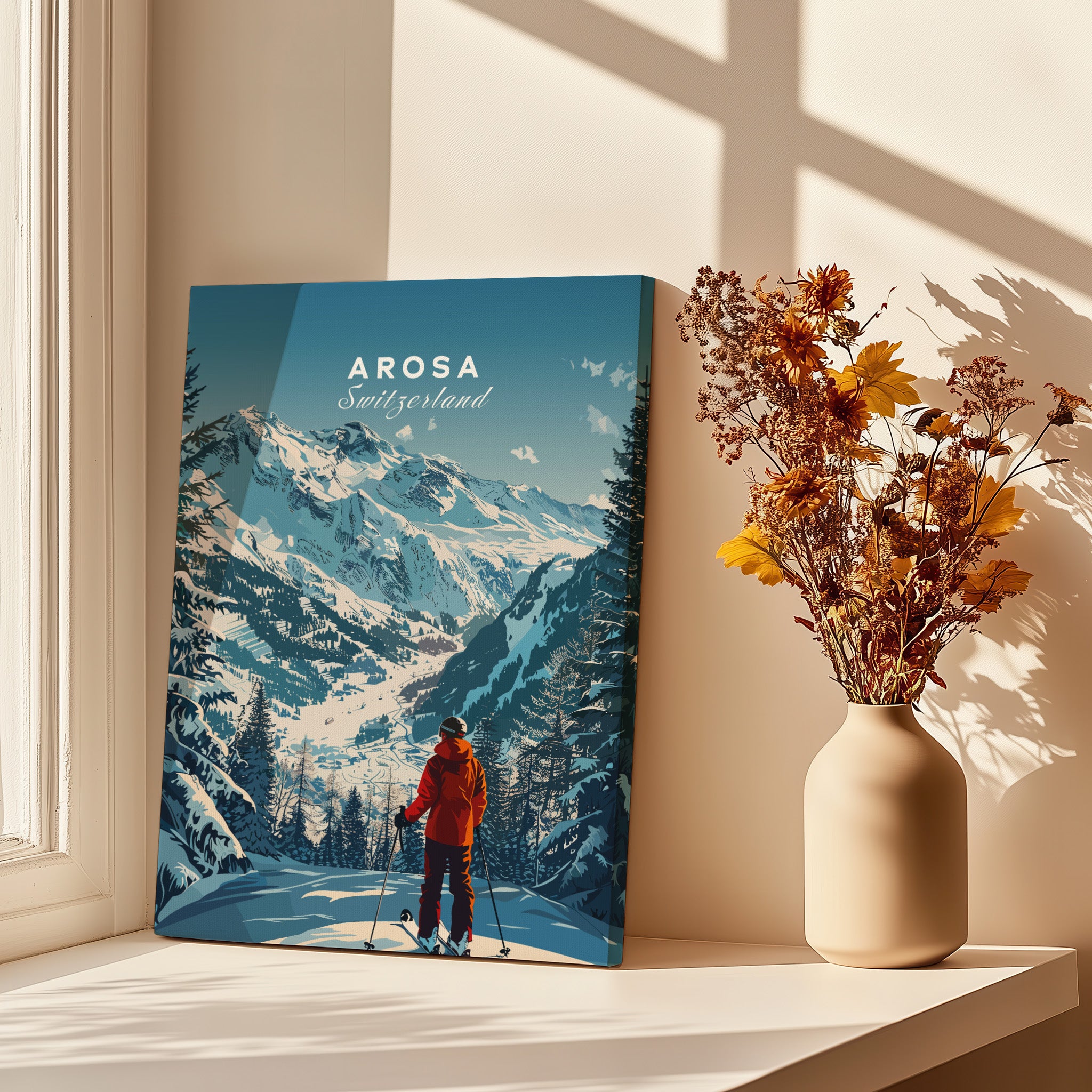 Arosa Travel Poster - Switzerland showcasing stunning mountain scenery and a skier in a cozy room.