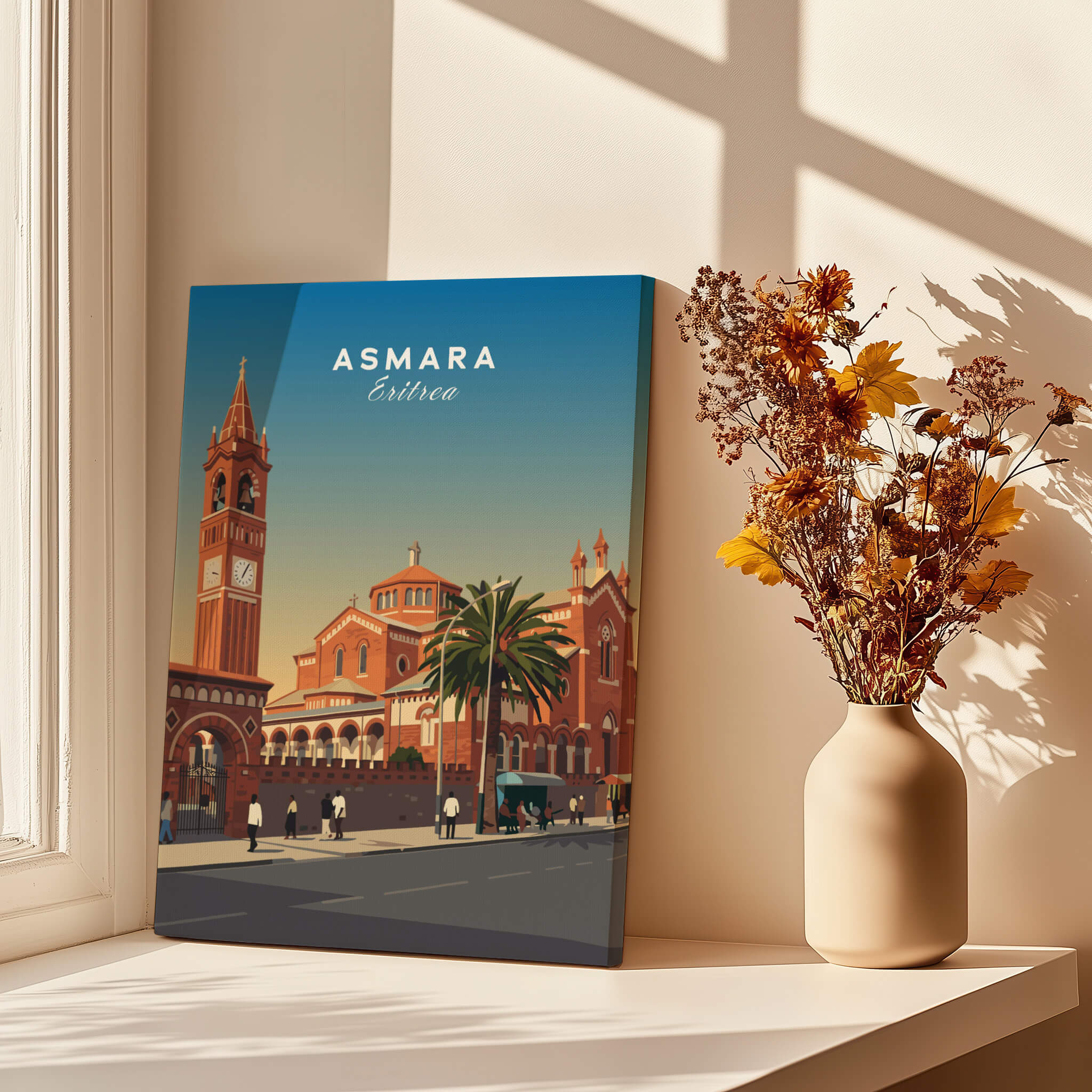 Asmara Travel Poster – Eritrea Cathedral and Bell Tower Art Print displayed in a sunlit room with flowers.
