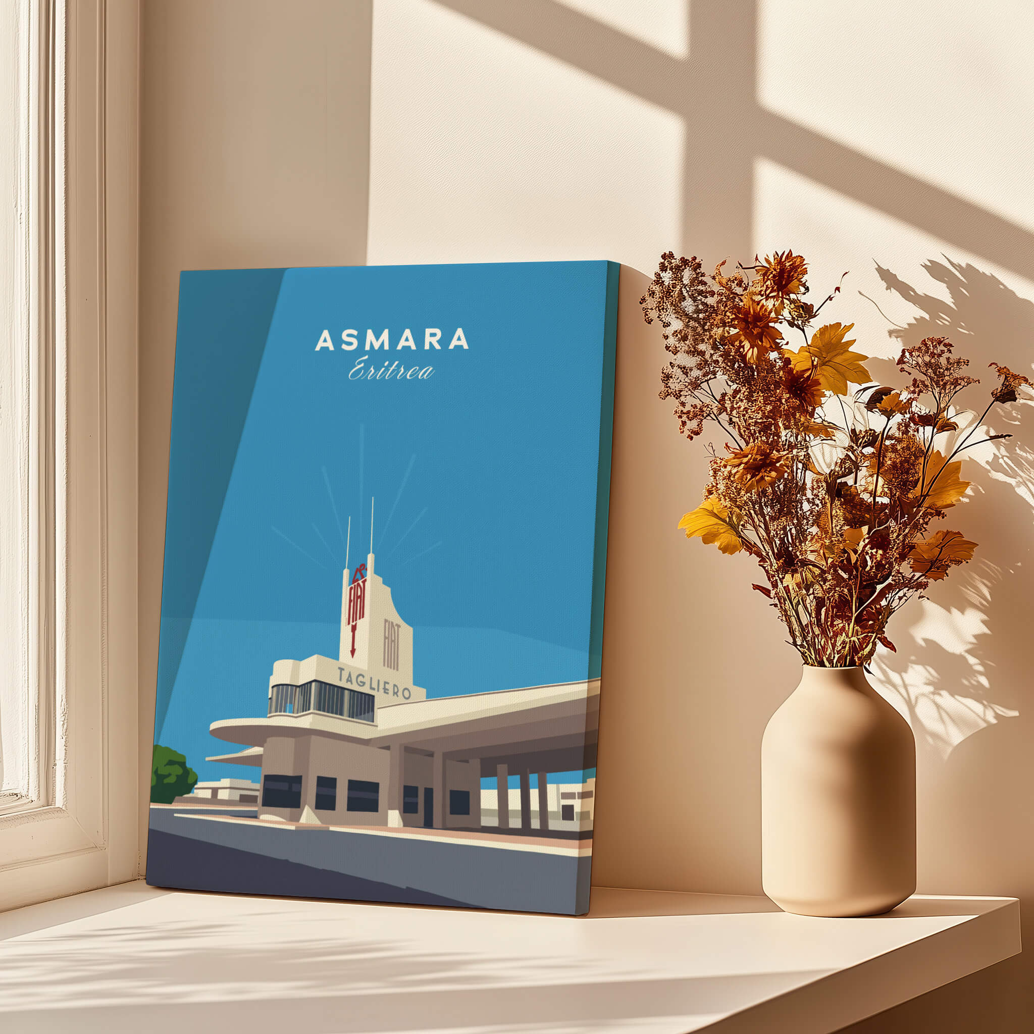Asmara Travel Poster – Fiat Tagliero Futurist Architecture Art Print showcasing Eritrea's iconic building design.
