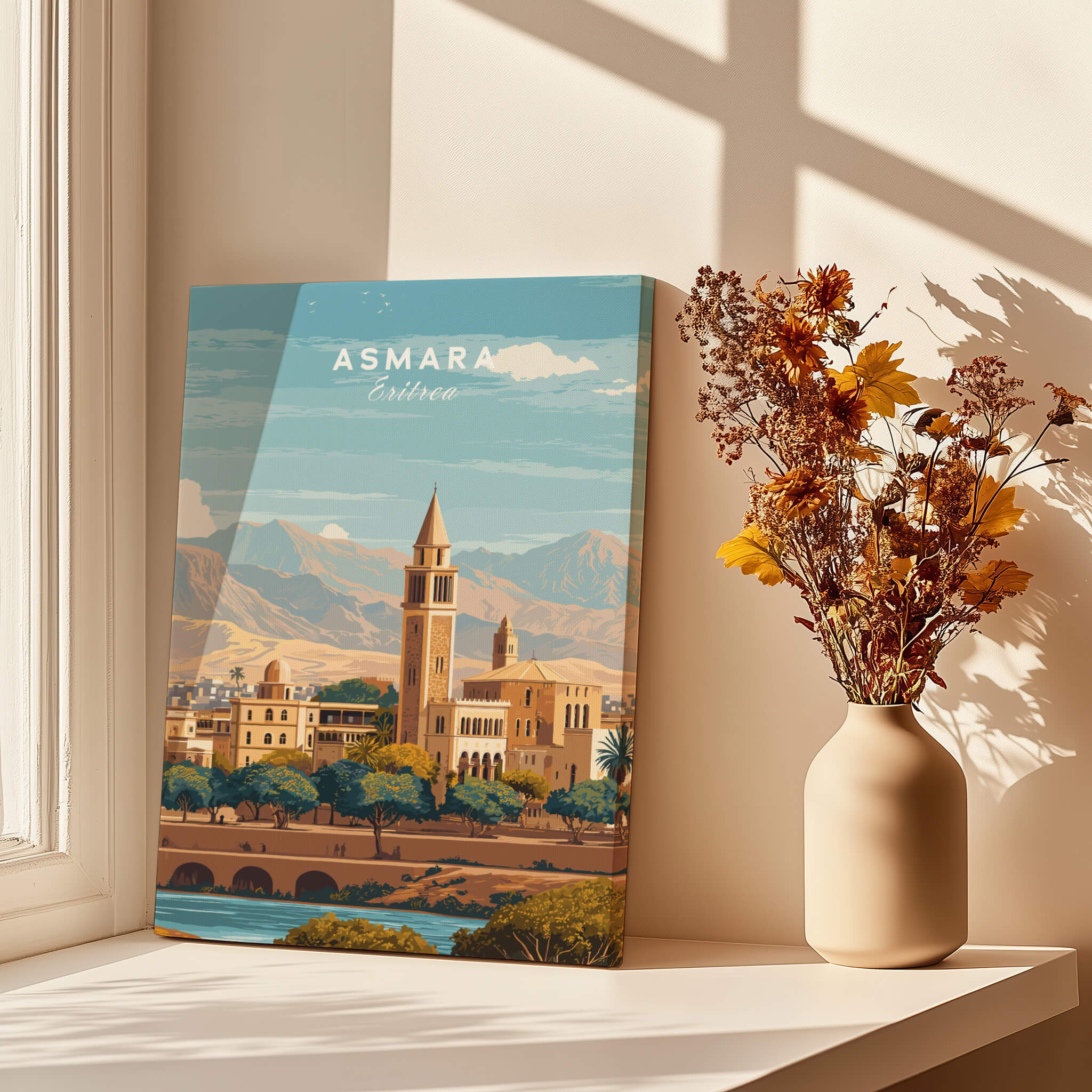 Asmara Travel Poster – Cityscape Skyline and Mountain Landscape Art Print featuring Asmara's elegant architecture and mountains.