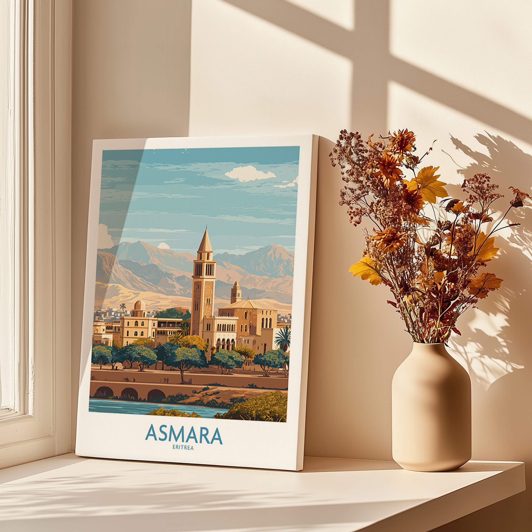 Asmara Eritrea Wall Art – Travel Poster showcasing a scenic view of Asmara's architecture and landscape.