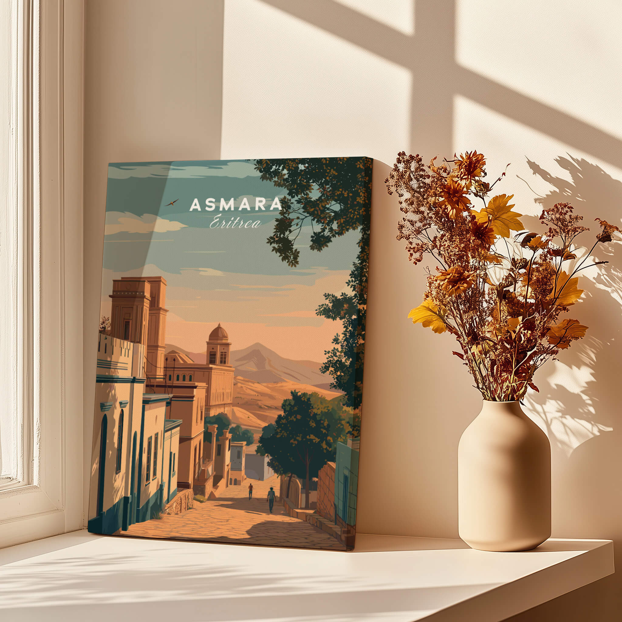 Asmara Travel Poster – Sunset Cityscape Art Print featuring the scenic streets of Asmara with warm colors.