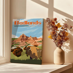 Badlands National Park canvas wall art with bison, sunlight, and dried flowers by window