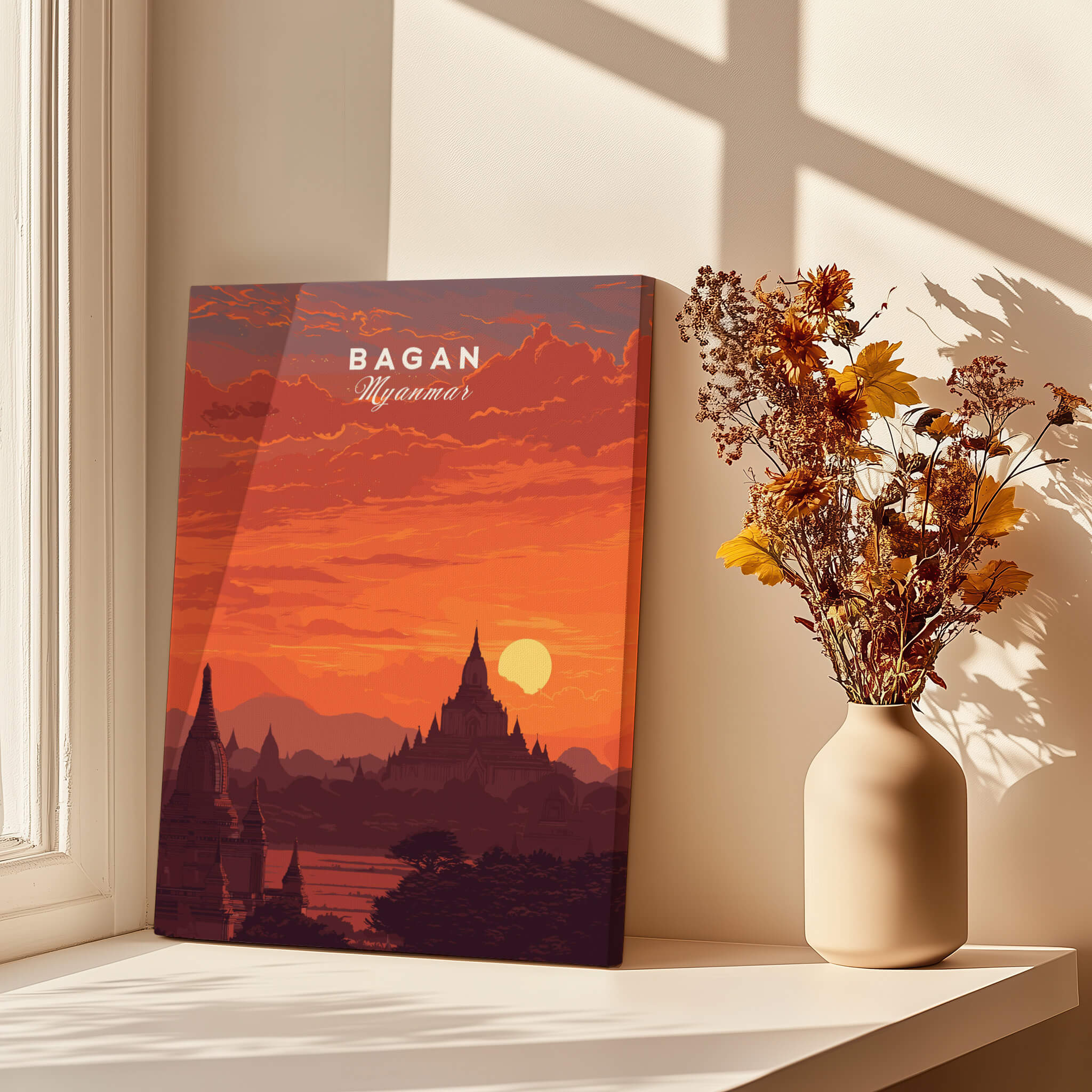 Bagan Travel Poster – Myanmar Ancient Temple Sunset Art showcased with warm colors and ancient pagodas in a serene setting.