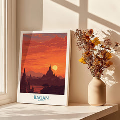 Bagan Myanmar Wall Art – Buddhist Pagoda Skyline Canvas Print showcasing a stunning sunset over pagodas.