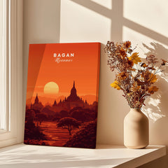 Bagan Travel Poster – Minimalist Temple Wall Art featuring a warm sunset over pagodas in Myanmar.