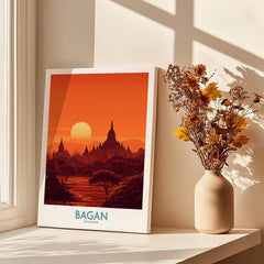 Bagan Myanmar Print – Traditional Pagoda Wall Art showcasing a sunset over ancient temples.