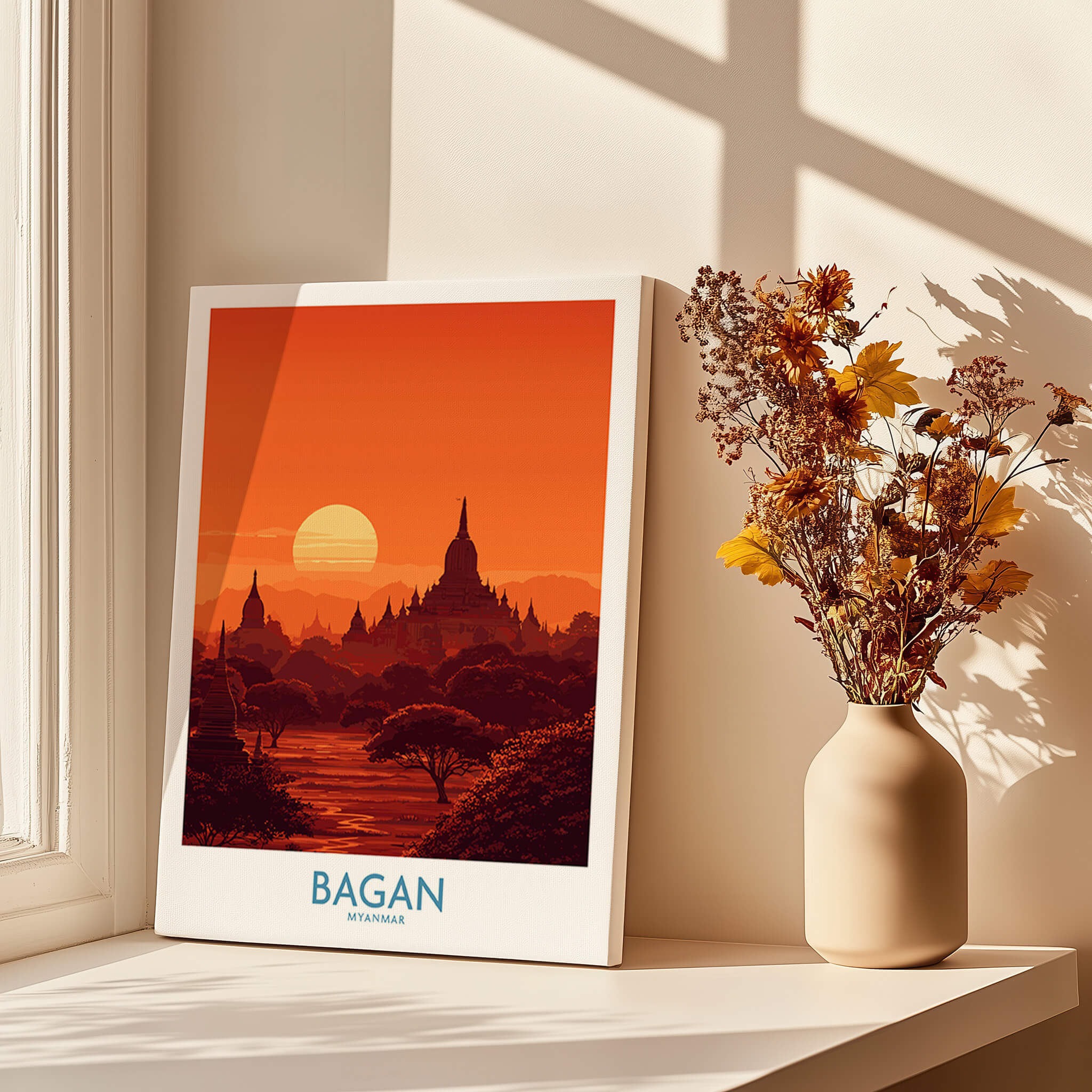 Bagan Myanmar Print – Traditional Pagoda Wall Art showcasing a sunset over ancient temples.